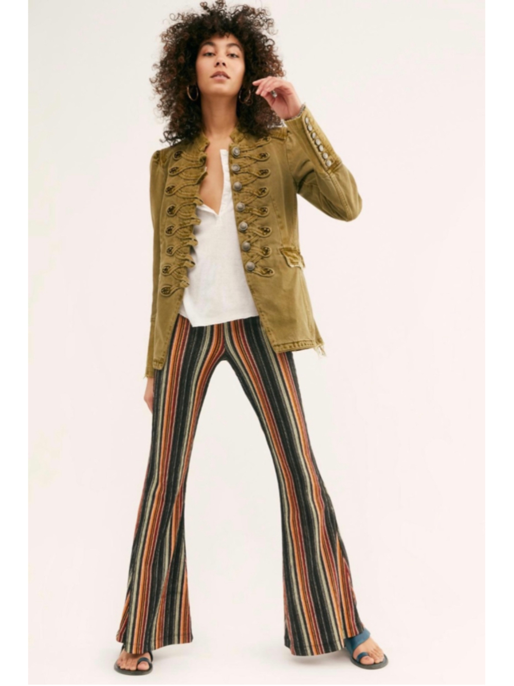 Free People Boho Striped Flare Pants Size S Black Multi-color Bell Bottoms Retro